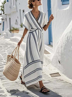 Novira | Gestreepte dames wikkel midi jurk – Elegante zomerse zwierige casual midi jurk