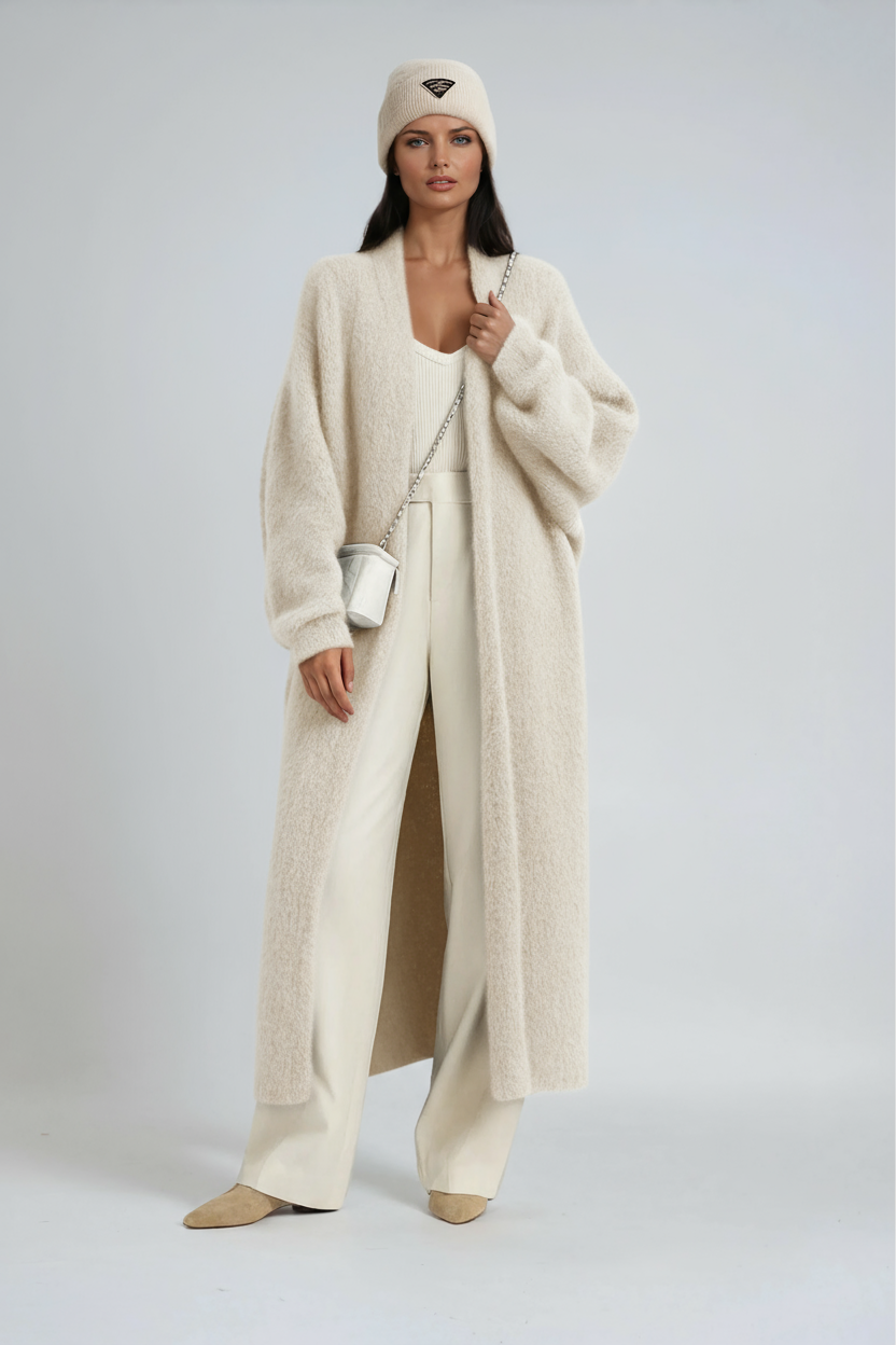 Dulcie | Lang Oversized Damesvest in Gebreide Stijl met Open Voorkant
