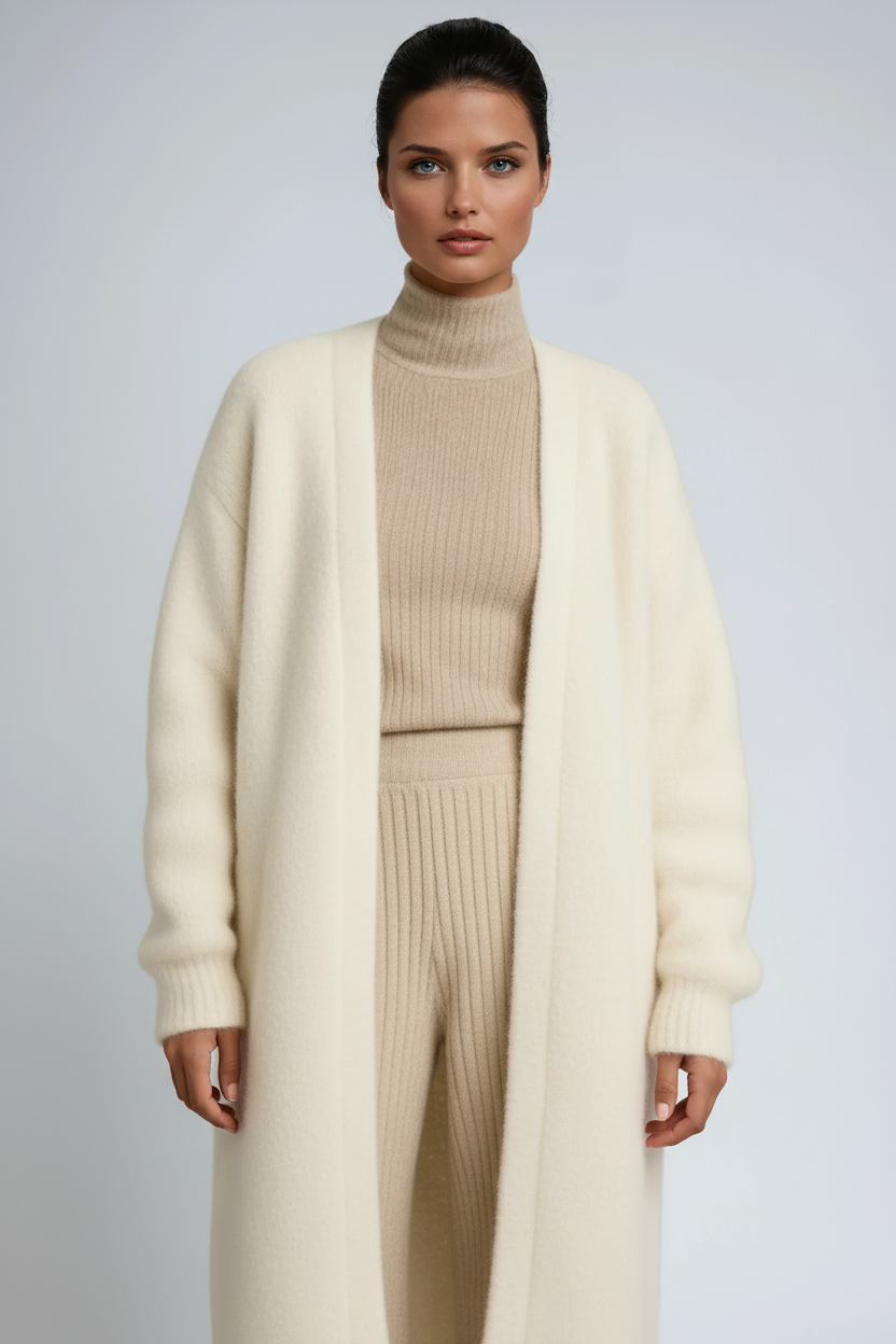 Dulcie | Lang Oversized Damesvest in Gebreide Stijl met Open Voorkant