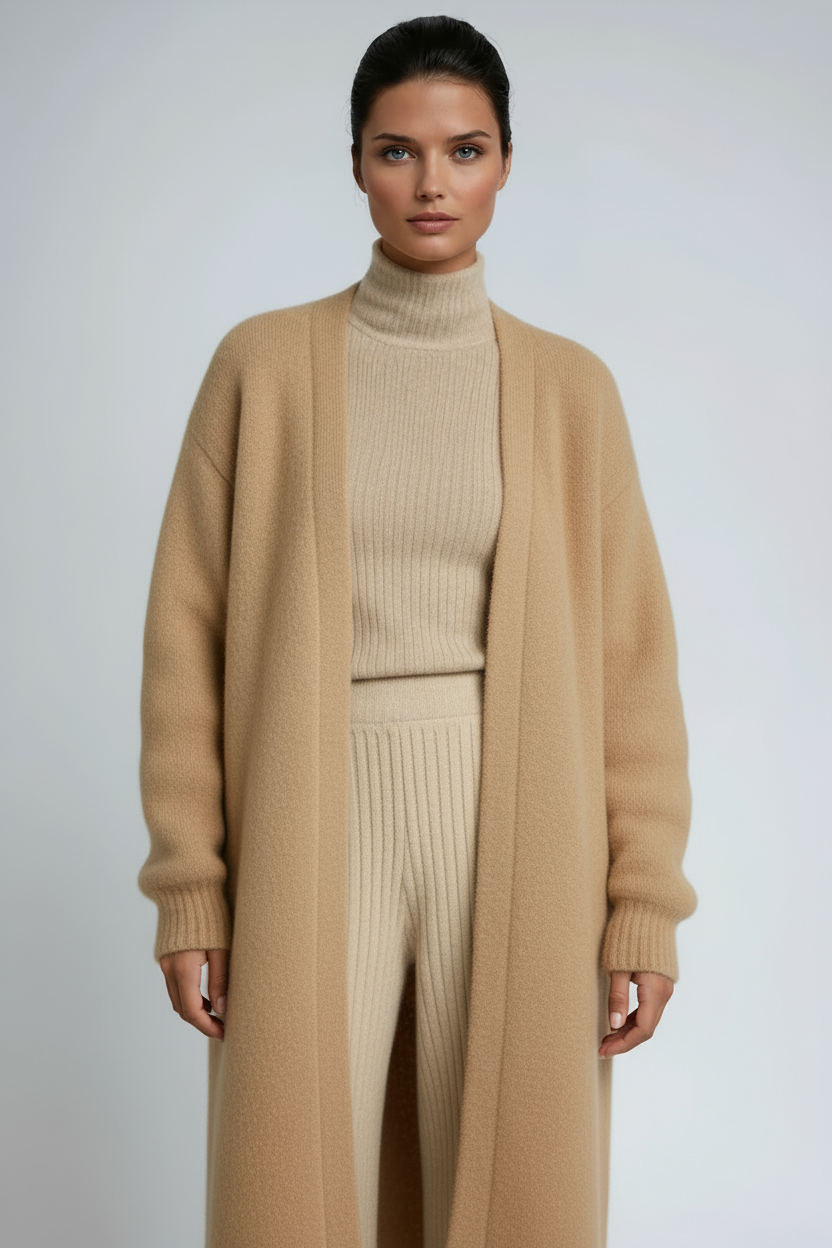 Dulcie | Lang Oversized Damesvest in Gebreide Stijl met Open Voorkant