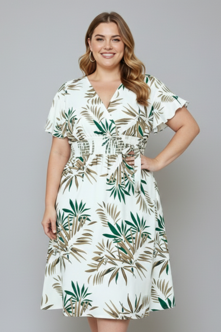 Aja | Plus size botanische wikkel midi-jurk – V-hals, zwierige mouwen