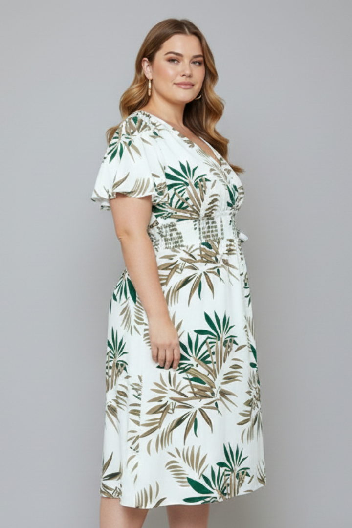 Aja | Plus size botanische wikkel midi-jurk – V-hals, zwierige mouwen