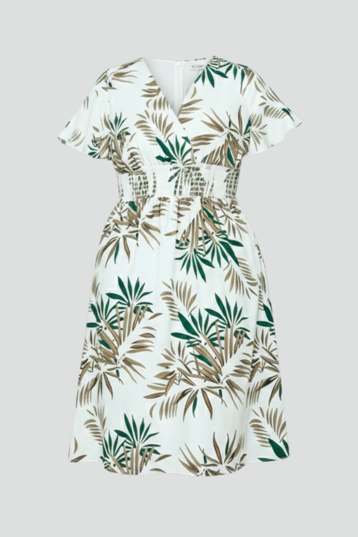 Aja | Plus size botanische wikkel midi-jurk – V-hals, zwierige mouwen