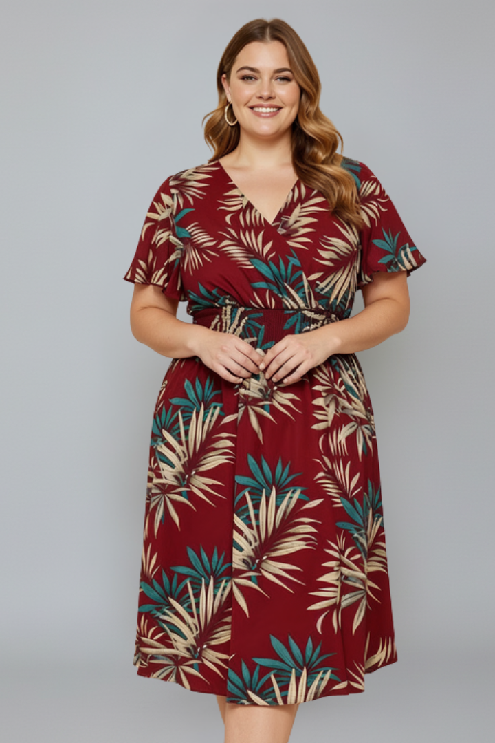 Aja | Plus size botanische wikkel midi-jurk – V-hals, zwierige mouwen
