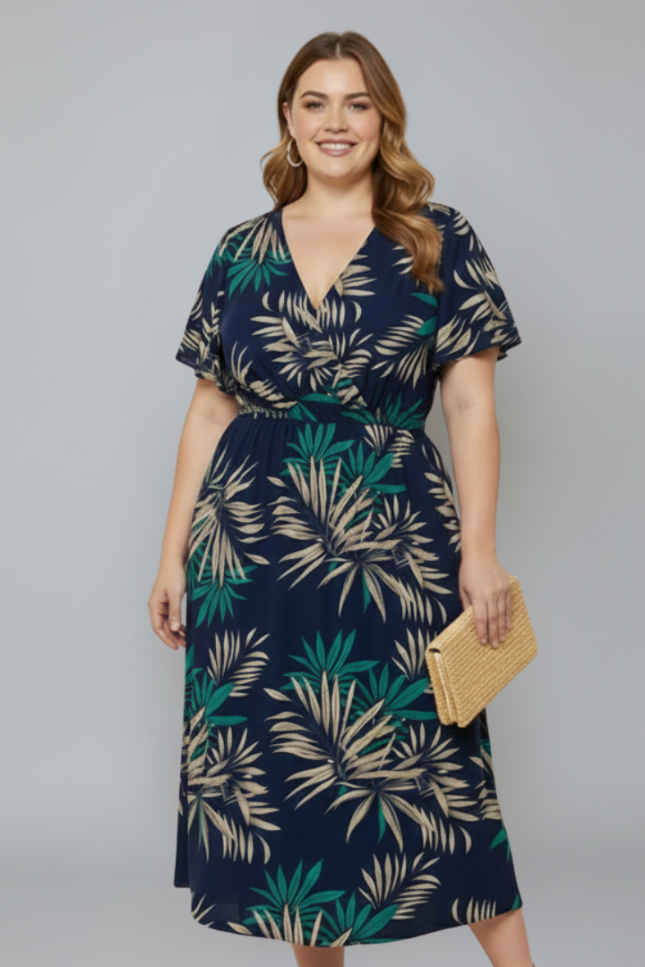 Aja | Plus size botanische wikkel midi-jurk – V-hals, zwierige mouwen