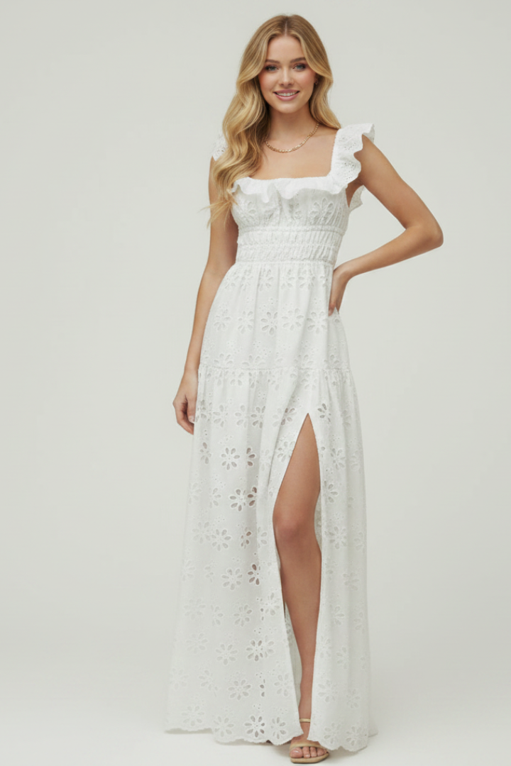 Briellea | Dames maxi-jurk – maxi-jurk met vierkante hals en ruchesbandjes