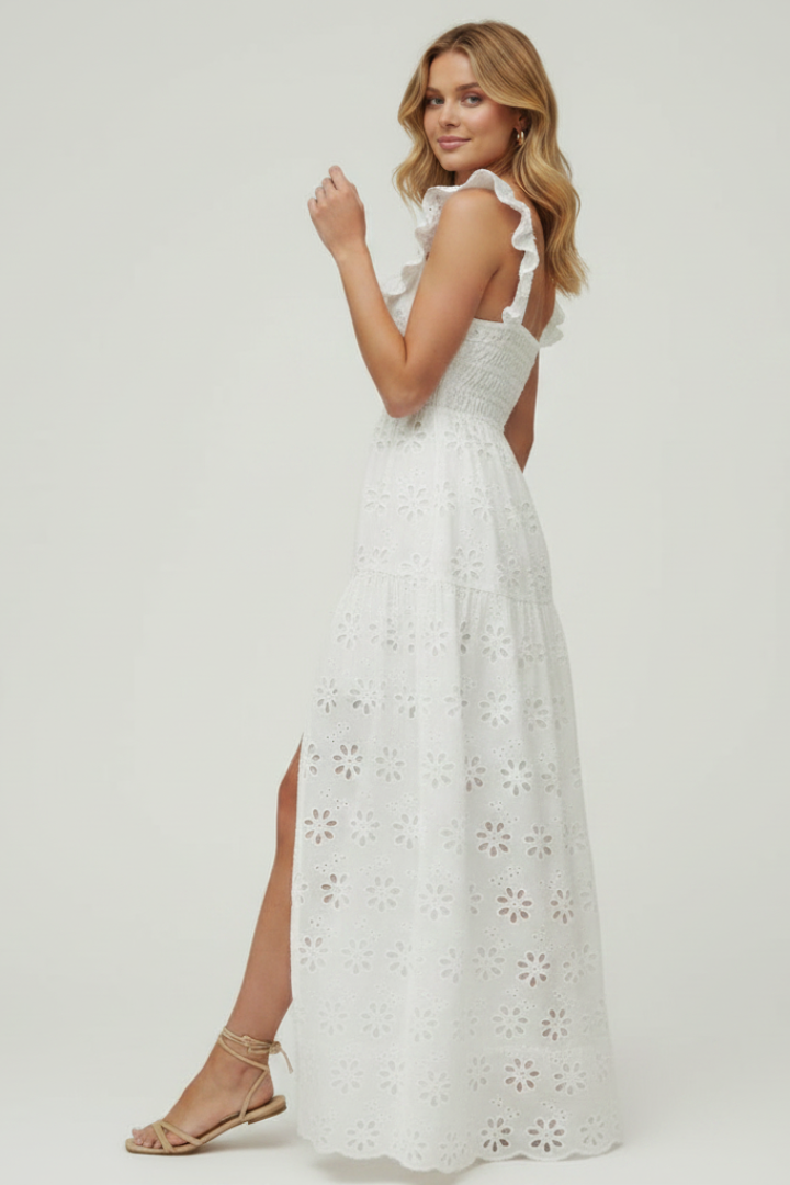 Briellea | Dames maxi-jurk – maxi-jurk met vierkante hals en ruchesbandjes