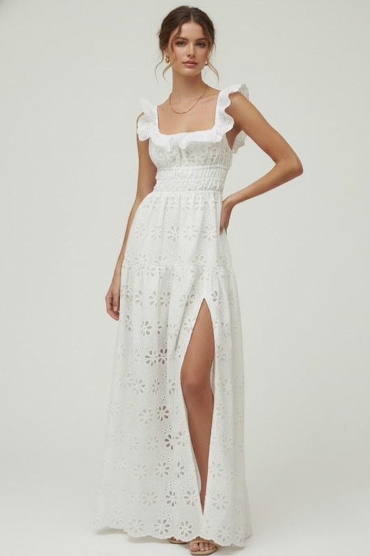 Briellea | Dames maxi-jurk – maxi-jurk met vierkante hals en ruchesbandjes