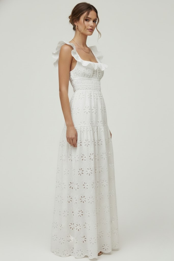 Briellea | Dames maxi-jurk – maxi-jurk met vierkante hals en ruchesbandjes