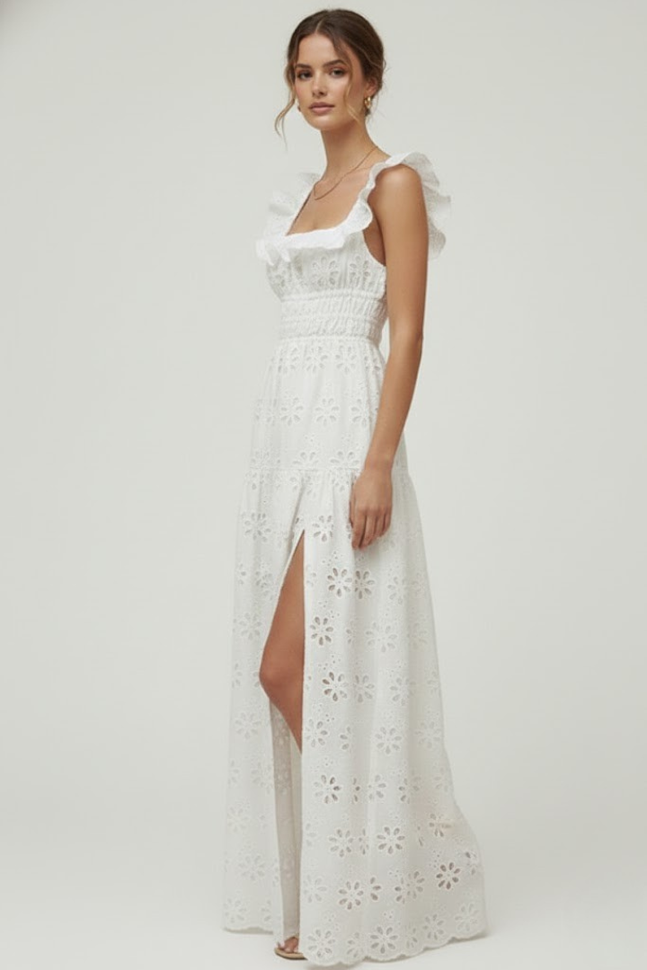 Briellea | Dames maxi-jurk – maxi-jurk met vierkante hals en ruchesbandjes