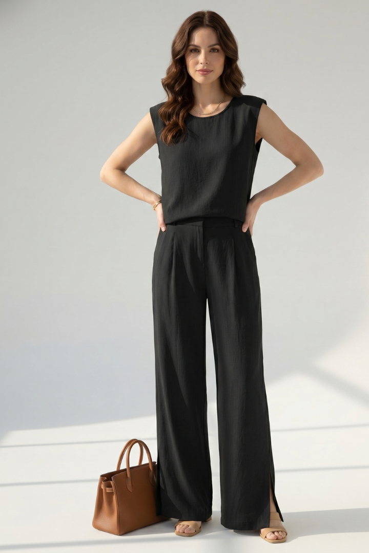 Oely | Zomerse linnen set voor dames – mouwloze top en wijde broek, bij elkaar passende set
