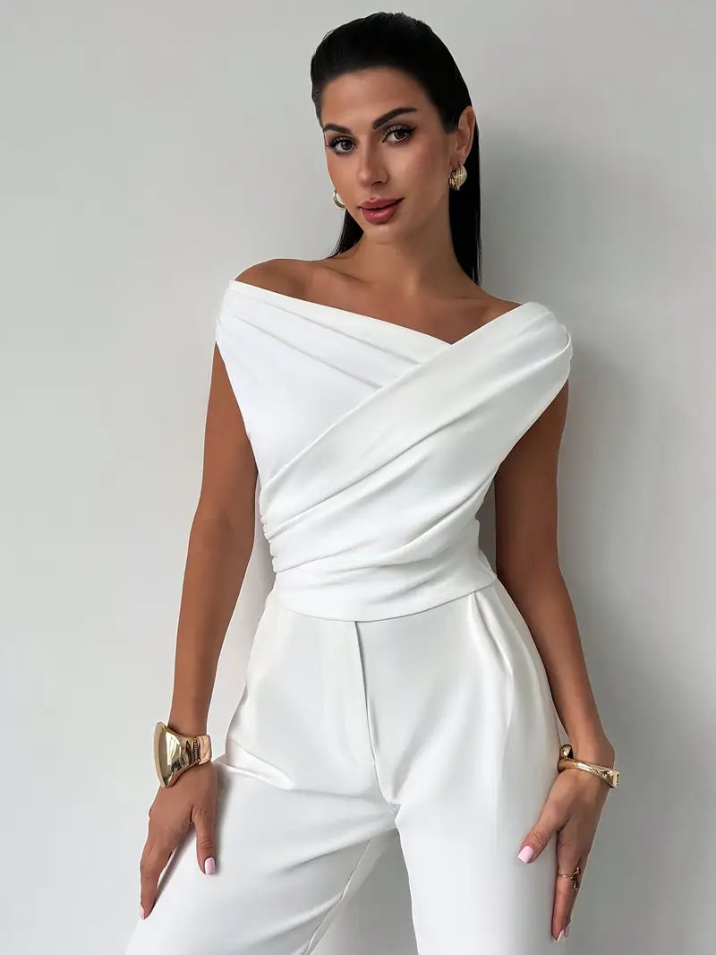 Melody | Dames Elegante Top met Gedrapeerde Schouders – Chique Vloeiende Feminine Blouse