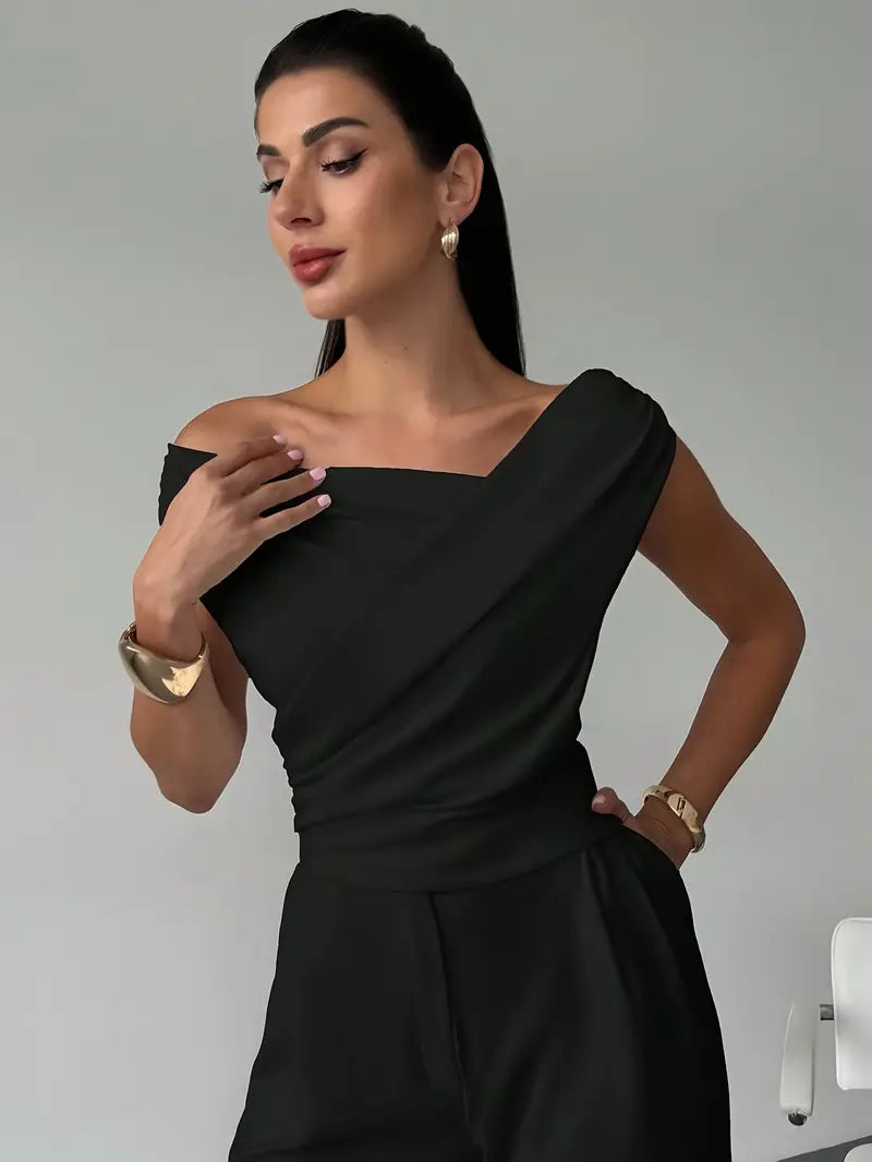 Melody | Dames Elegante Top met Gedrapeerde Schouders – Chique Vloeiende Feminine Blouse