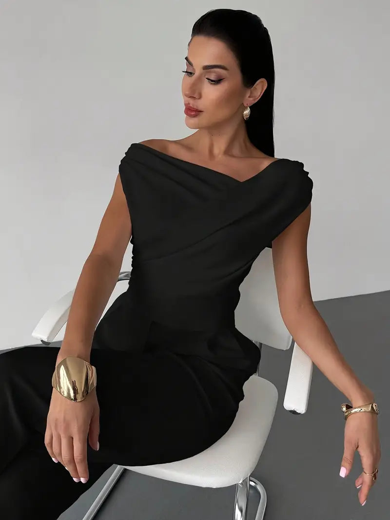 Melody | Dames Elegante Top met Gedrapeerde Schouders – Chique Vloeiende Feminine Blouse