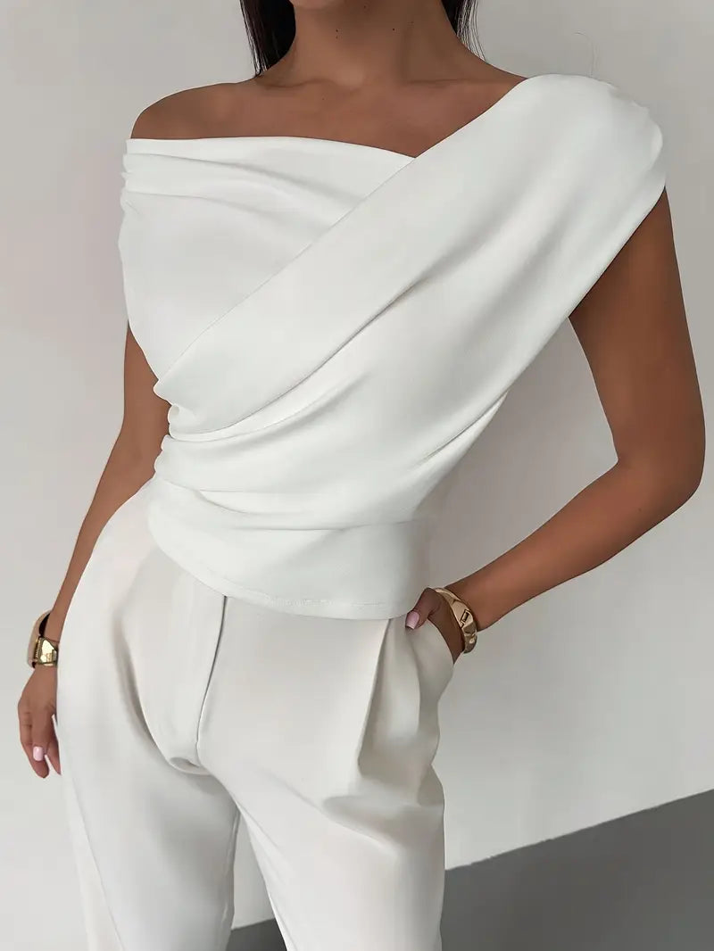 Melody | Dames Elegante Top met Gedrapeerde Schouders – Chique Vloeiende Feminine Blouse