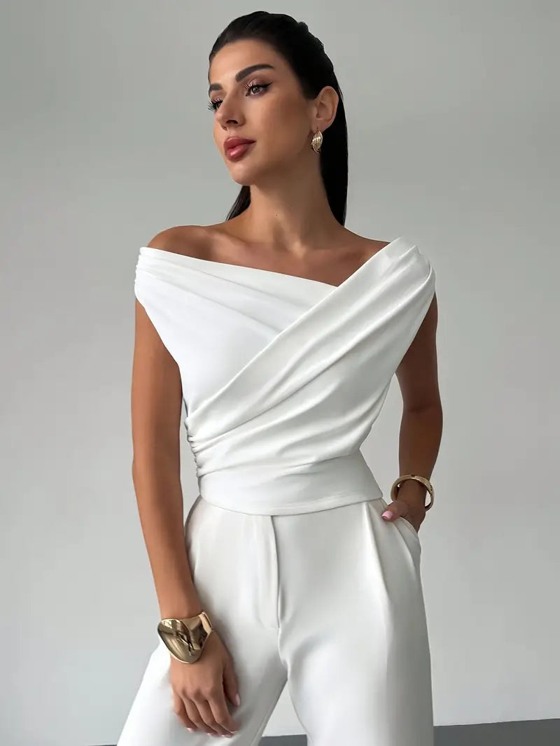 Melody | Dames Elegante Top met Gedrapeerde Schouders – Chique Vloeiende Feminine Blouse