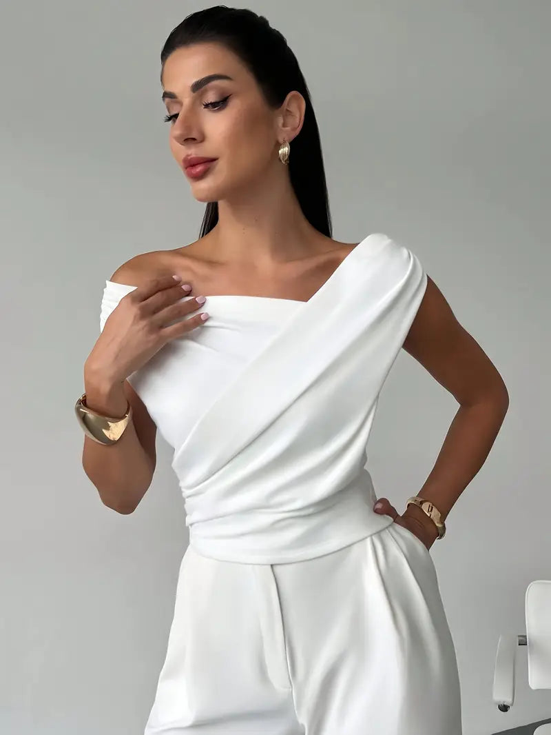 Melody | Dames Elegante Top met Gedrapeerde Schouders – Chique Vloeiende Feminine Blouse