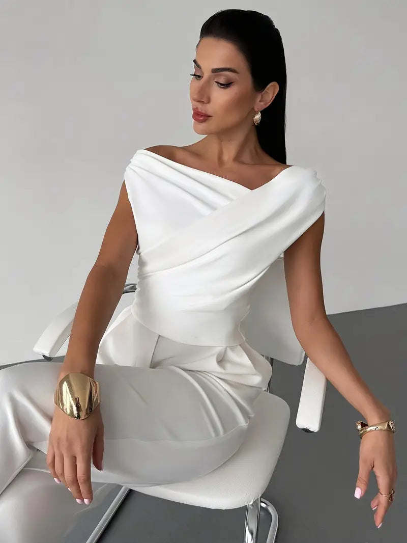 Melody | Dames Elegante Top met Gedrapeerde Schouders – Chique Vloeiende Feminine Blouse