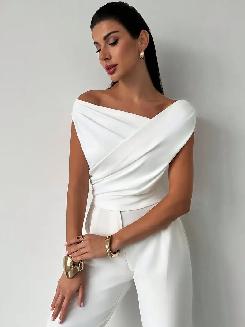 Melody | Dames Elegante Top met Gedrapeerde Schouders – Chique Vloeiende Feminine Blouse