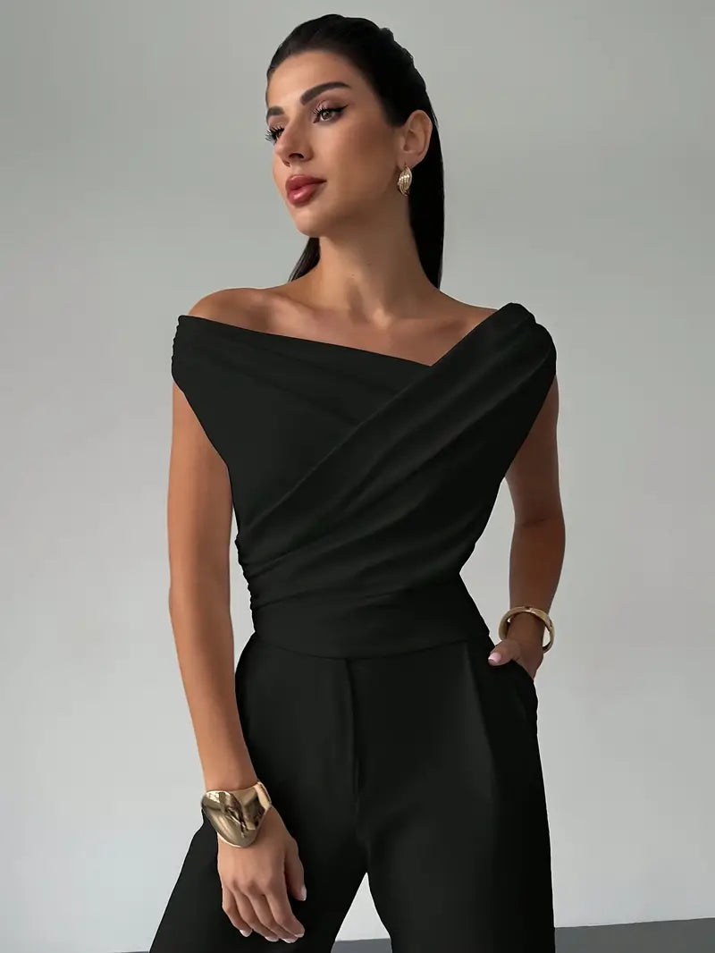 Melody | Dames Elegante Top met Gedrapeerde Schouders – Chique Vloeiende Feminine Blouse