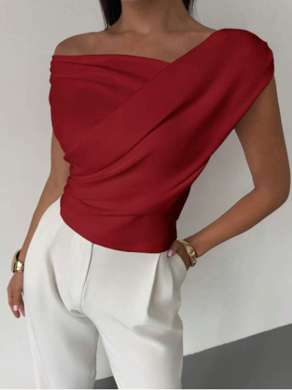 Melody | Dames Elegante Top met Gedrapeerde Schouders – Chique Vloeiende Feminine Blouse