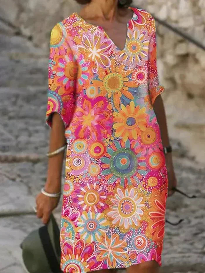 Estelle | Bloemenprint Midi Zomerjurk voor Dames – V-hals Casual Elegante Zomerjurk