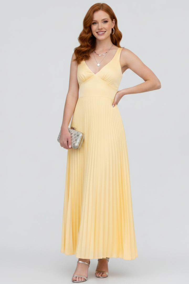 Olana | Women geplooide maxi-jurk – mouwloze V-hals formele avondjurk