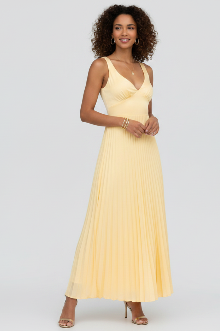 Olana | Women geplooide maxi-jurk – mouwloze V-hals formele avondjurk