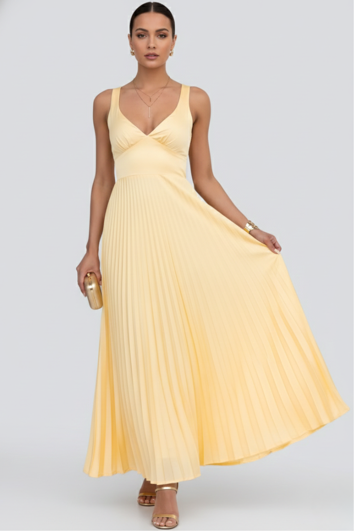Olana | Women geplooide maxi-jurk – mouwloze V-hals formele avondjurk
