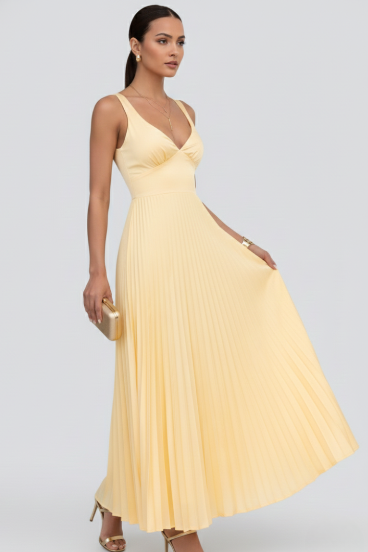Olana | Women geplooide maxi-jurk – mouwloze V-hals formele avondjurk