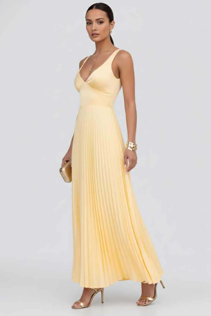 Olana | Women geplooide maxi-jurk – mouwloze V-hals formele avondjurk