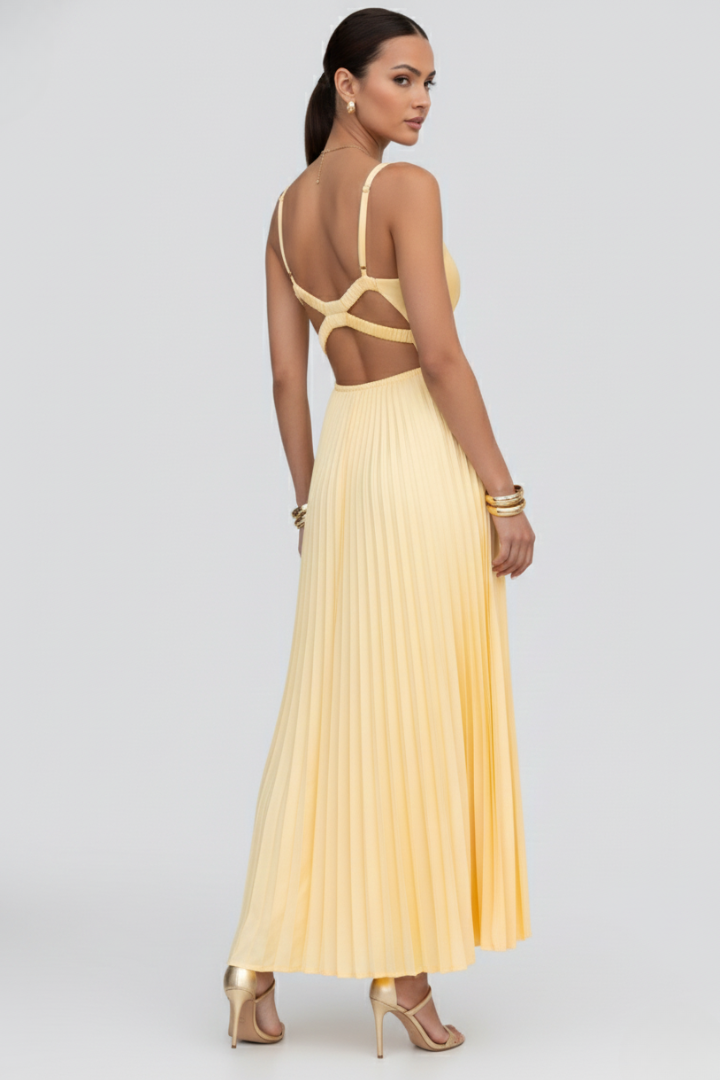Olana | Women geplooide maxi-jurk – mouwloze V-hals formele avondjurk