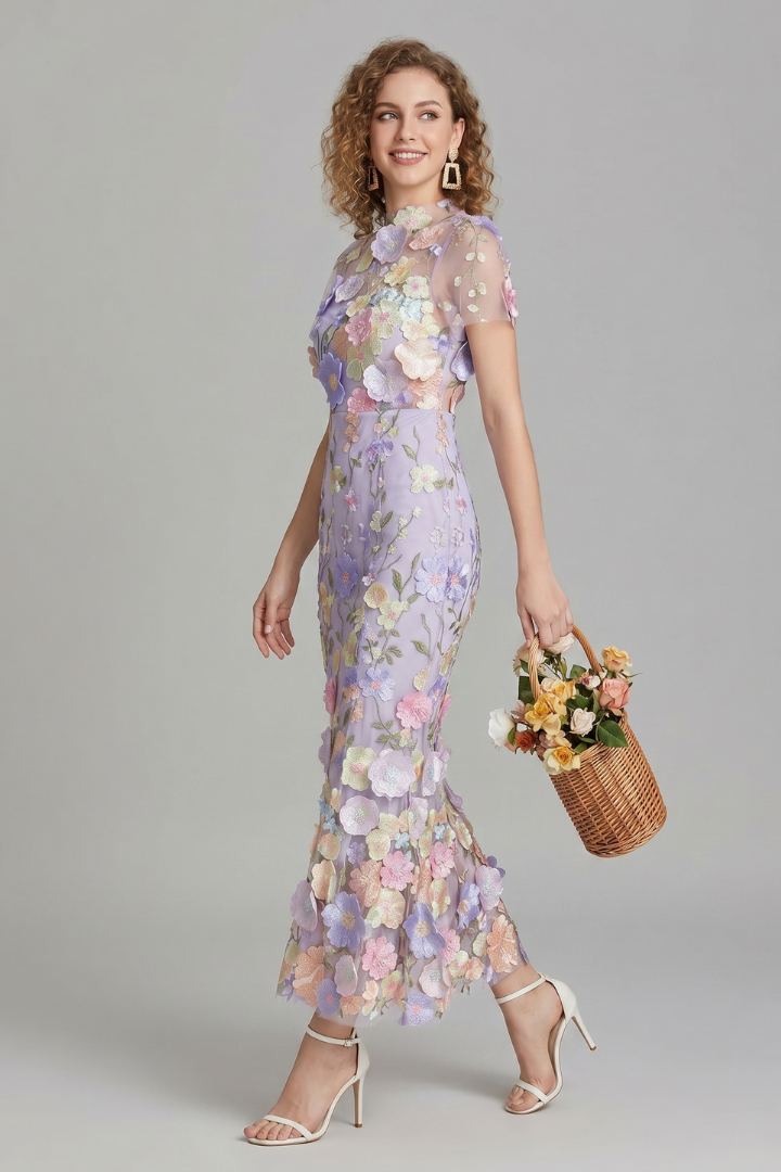 Avena | Dames bloemen geborduurde maxi-jurk – avondjurk met doorschijnende mouwen