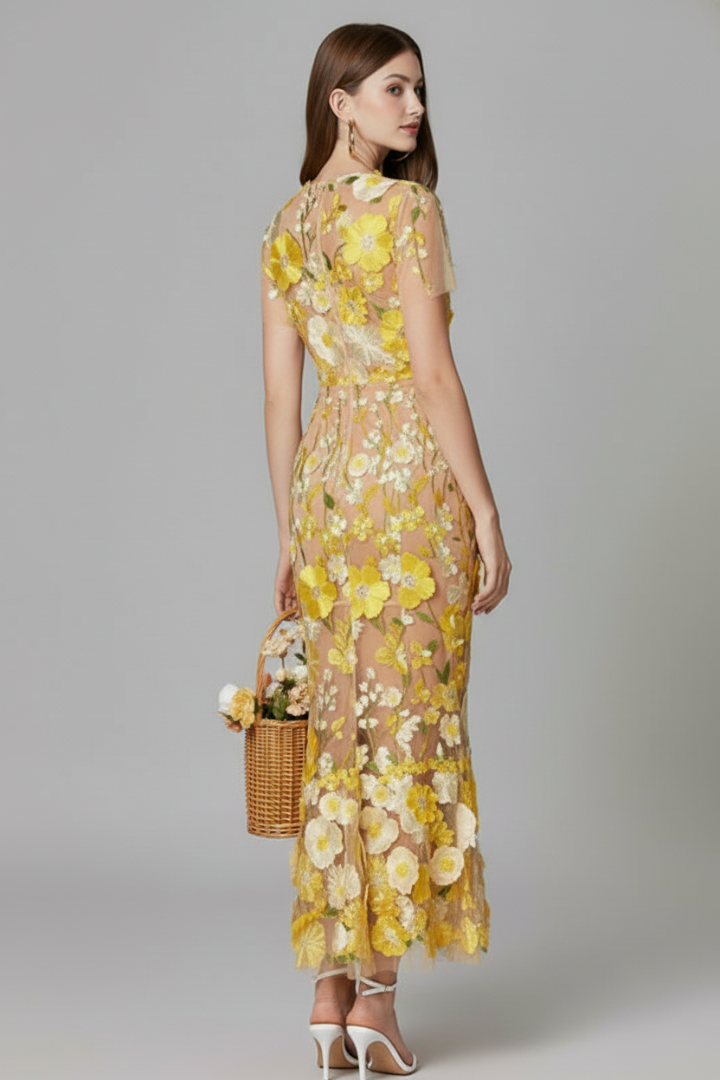 Avena | Dames bloemen geborduurde maxi-jurk – avondjurk met doorschijnende mouwen