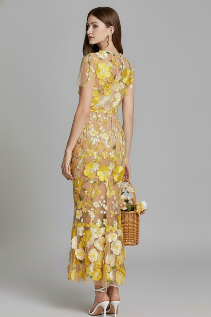 Avena | Dames bloemen geborduurde maxi-jurk – avondjurk met doorschijnende mouwen