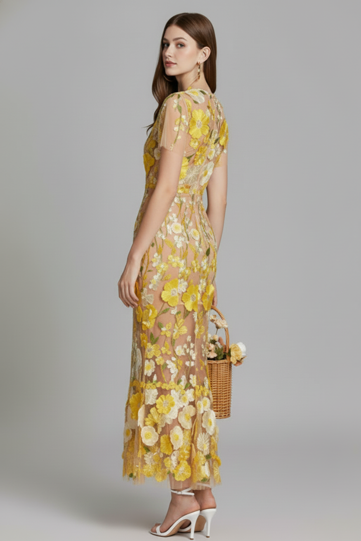 Avena | Dames bloemen geborduurde maxi-jurk – avondjurk met doorschijnende mouwen