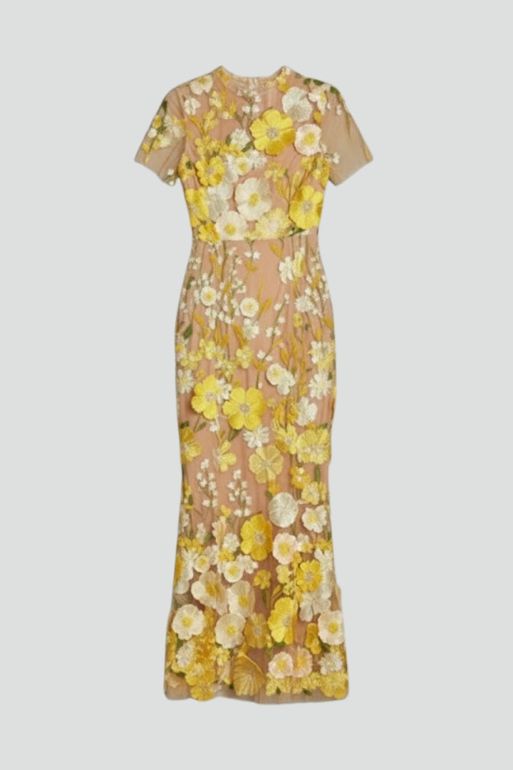 Avena | Dames bloemen geborduurde maxi-jurk – avondjurk met doorschijnende mouwen