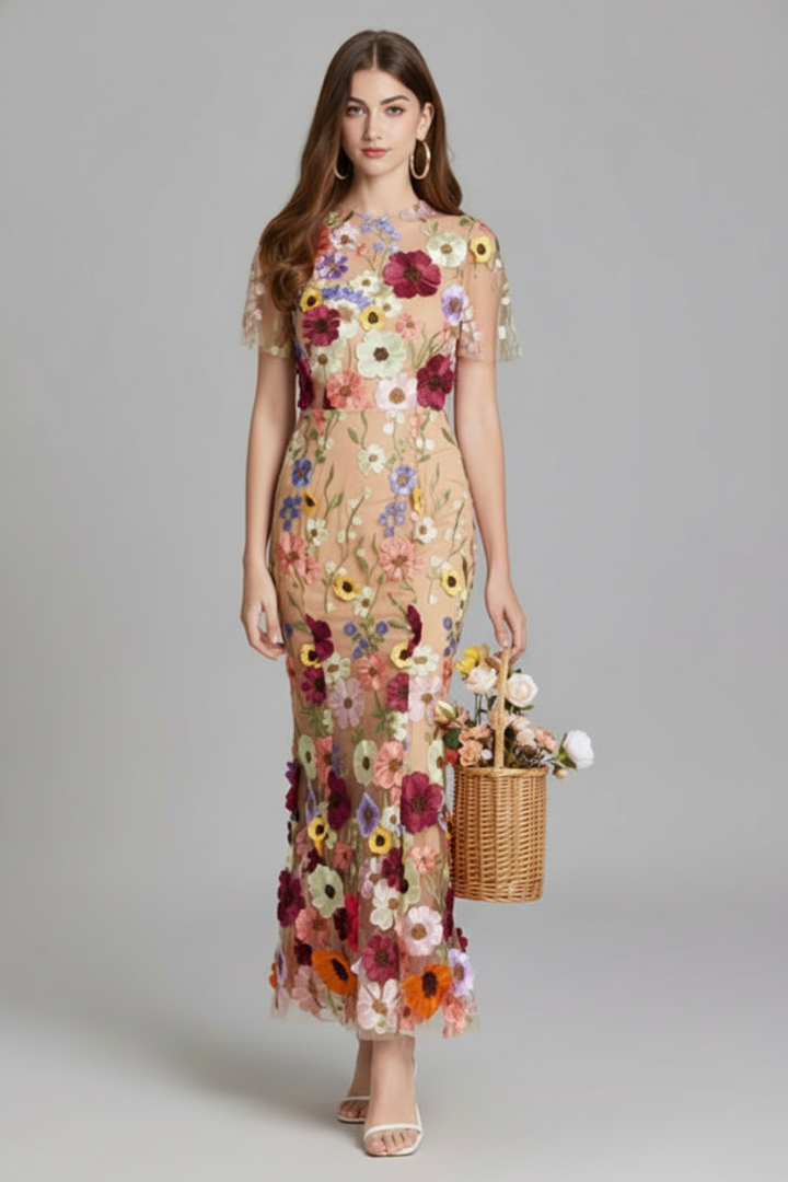 Avena | Dames bloemen geborduurde maxi-jurk – avondjurk met doorschijnende mouwen