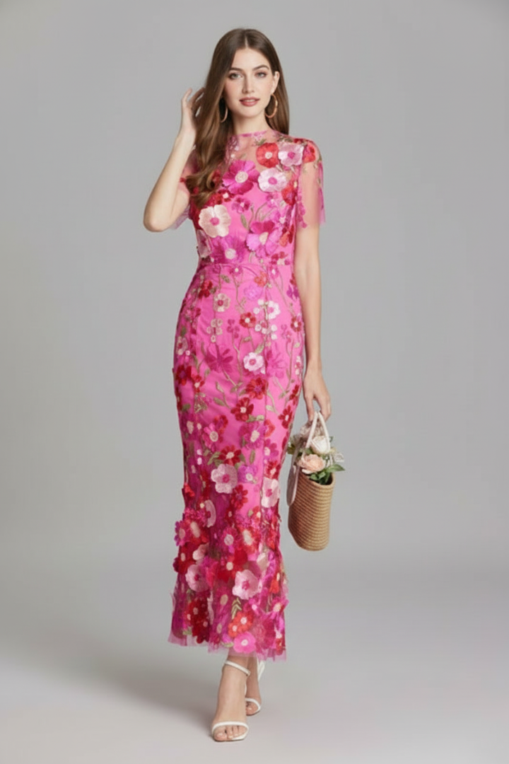 Avena | Dames bloemen geborduurde maxi-jurk – avondjurk met doorschijnende mouwen