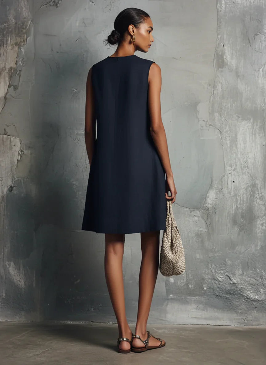 Serella | Marineblauwe minijurk voor dames – Mouwloze casual jurk met ronde hals
