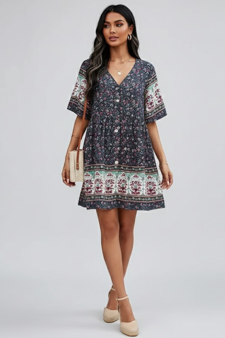 Rina | Women Boho Floral Midi Dress – V-hals, knoopsluiting aan de voorkant