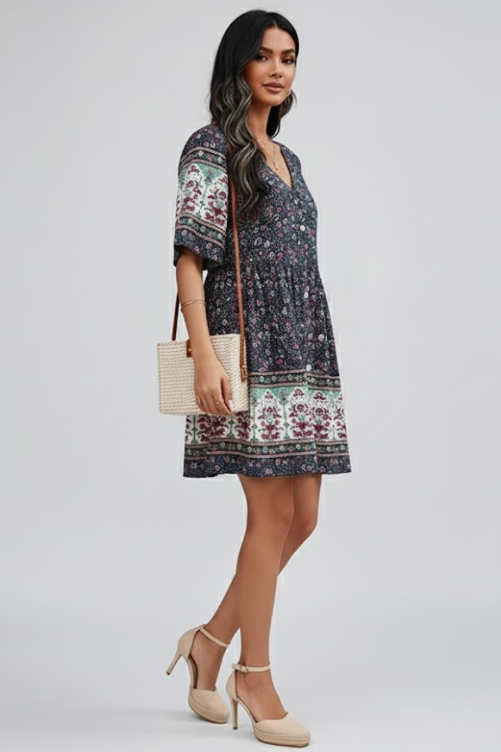 Rina | Women Boho Floral Midi Dress – V-hals, knoopsluiting aan de voorkant
