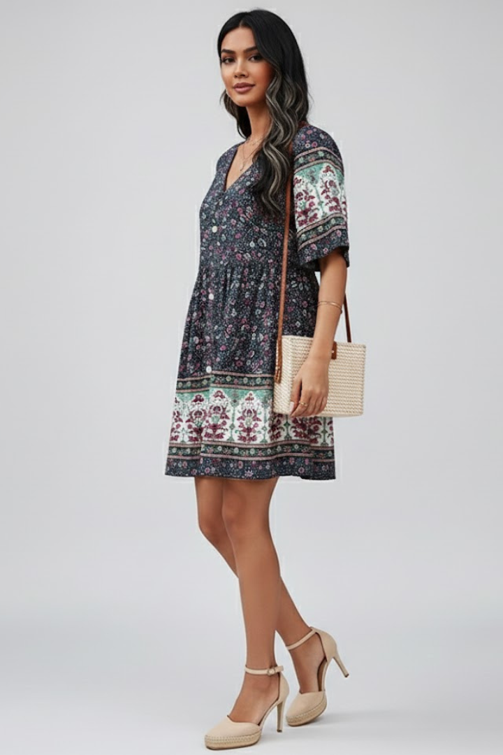 Rina | Women Boho Floral Midi Dress – V-hals, knoopsluiting aan de voorkant