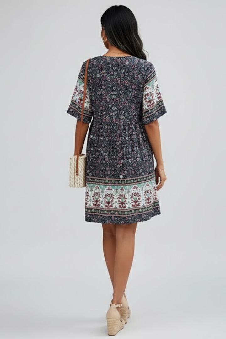 Rina | Women Boho Floral Midi Dress – V-hals, knoopsluiting aan de voorkant