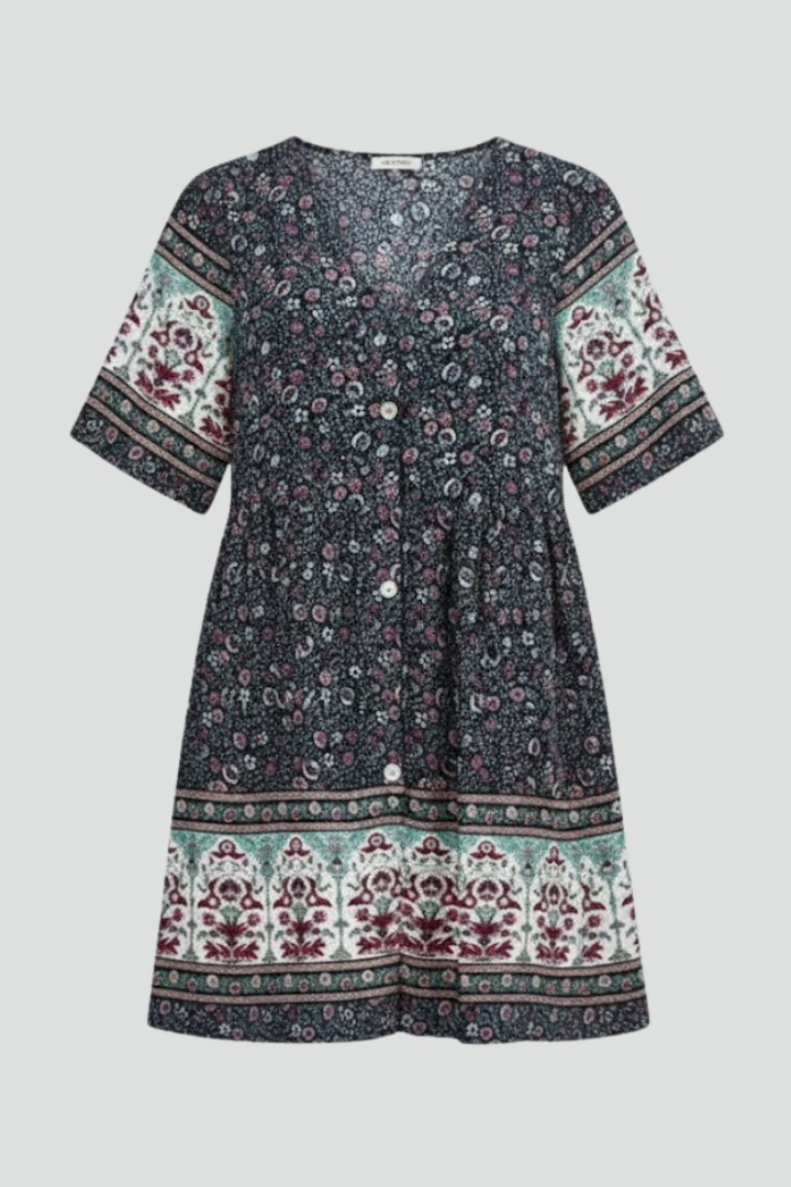 Rina | Women Boho Floral Midi Dress – V-hals, knoopsluiting aan de voorkant