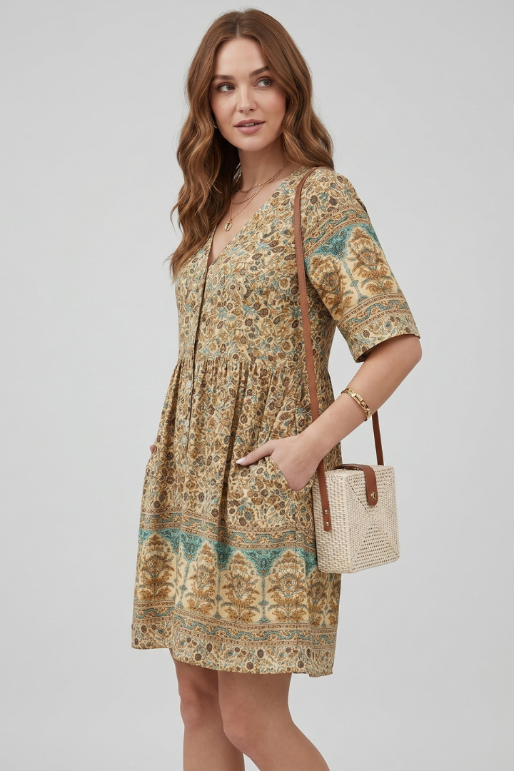 Rina | Women Boho Floral Midi Dress – V-hals, knoopsluiting aan de voorkant