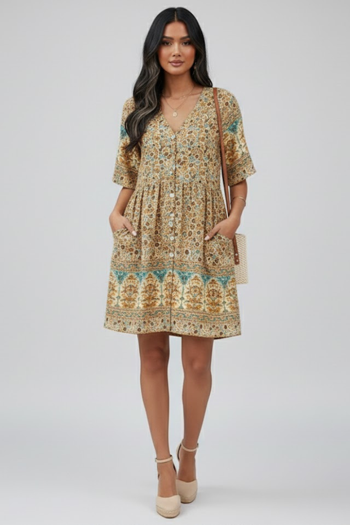 Rina | Women Boho Floral Midi Dress – V-hals, knoopsluiting aan de voorkant