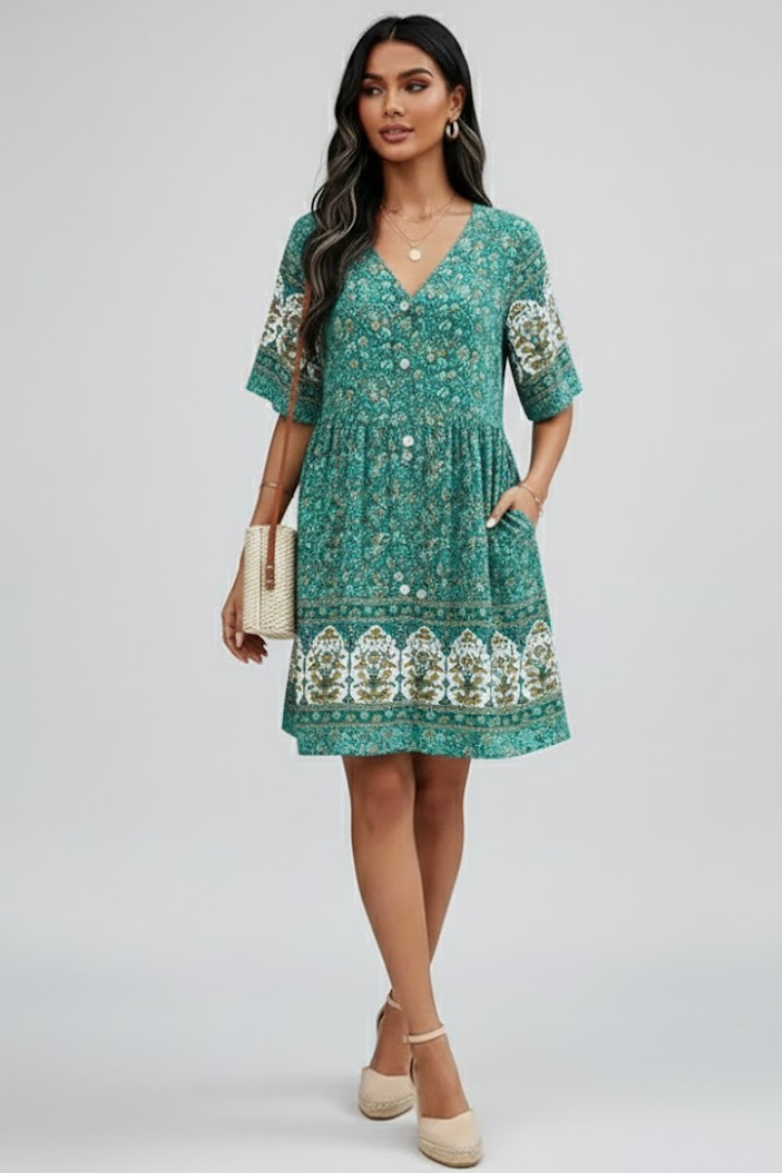 Rina | Women Boho Floral Midi Dress – V-hals, knoopsluiting aan de voorkant
