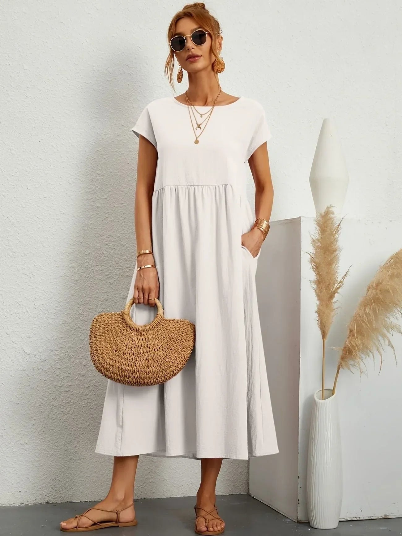 Alexa | Losvallende Maxi-Jurk voor Dames – Elegante Casual Jurk met Ronde Hals