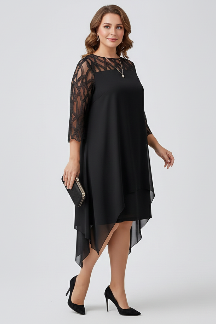 Zynera | Dames A-lijn midi-jurk met kanten mouwen – elegante cocktailjurk voor feestjes